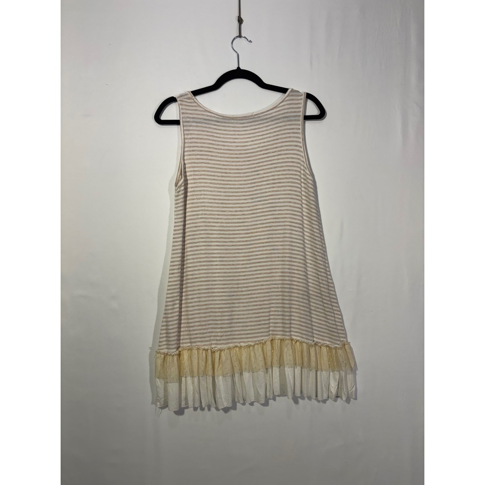 Boho Cottagecore Easel Striped Ruffle Hem Tank Top Womens Small Tan White - Picture 2 of 7